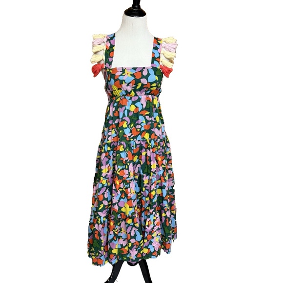 J.Crew Size XS Tassel Dress Confetti Green Floral Organic Cotton Tiered Midi - Picture 16 of 16
